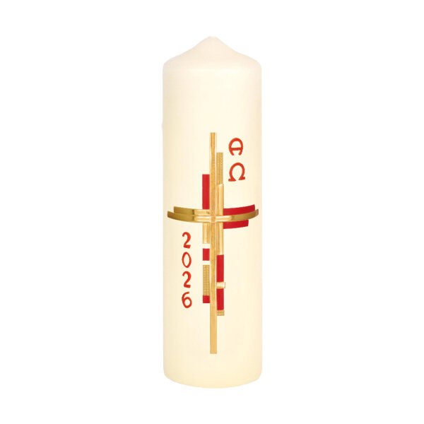 Ostertischkerze "Zerrissenes Kreuz gold-rot" 270 x Ø 70 mm