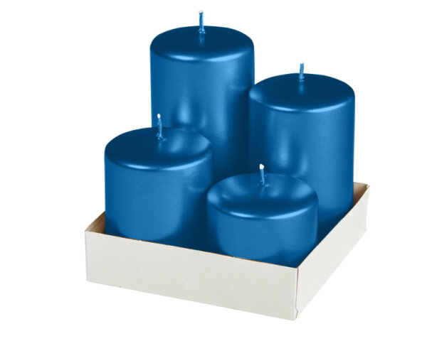 4er Stumpenkerzen abgestuft Royalblau Matt Metallic Ø 60 mm