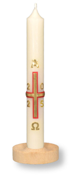 Osterkerze Kreuz rot-gold mit A und O, Jahreszahl 190 x Ø 22 mm