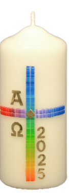 Osterkerze Regenbogenkreuz, A und O, Jahreszahl 120 x Ø 50 mm