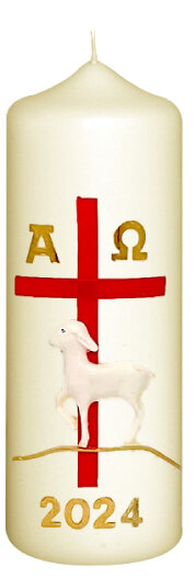 Osterkerze Kreuz rot, Lamm, A und O, Jahreszahl 140 x Ø 50 mm