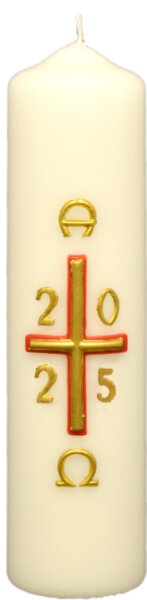 Osterkerze Kreuz rot-gold mit A und O, Jahreszahl 200 x Ø 50 mm