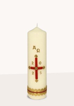 Osterkerze Kreuz rot, Abschlussband gold/rot, A und O, Jahreszahl 220 x Ø 60 mm