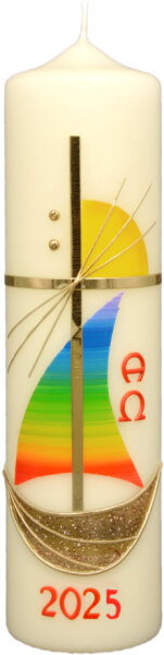 Osterkerze Segelboot, Kreuz gold, Sonne, A und O, Jahreszahl 270 x Ø 70 mm