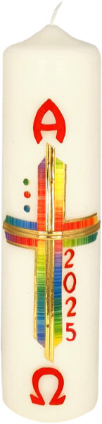 Osterkerze Regenbogenkreuz, A und O, Jahreszahl 270 x Ø 70 mm