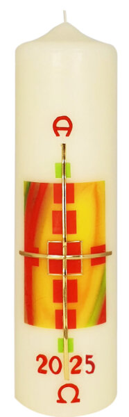 Osterkerze modernes Motiv, rot-gelb 270 x Ø 70 mm