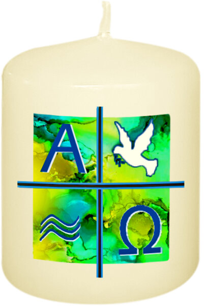 Osterkerze Transferdruck, Kreuz Blau mit Friedenstaube 60 x Ø 50 mm